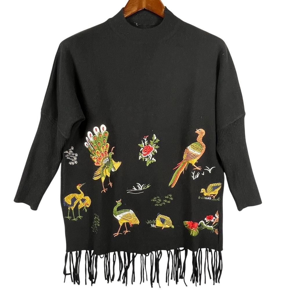 Keyingyi Womens L Cashmere Blend Embroidered Peacock Bird Fringe Sweater Boho